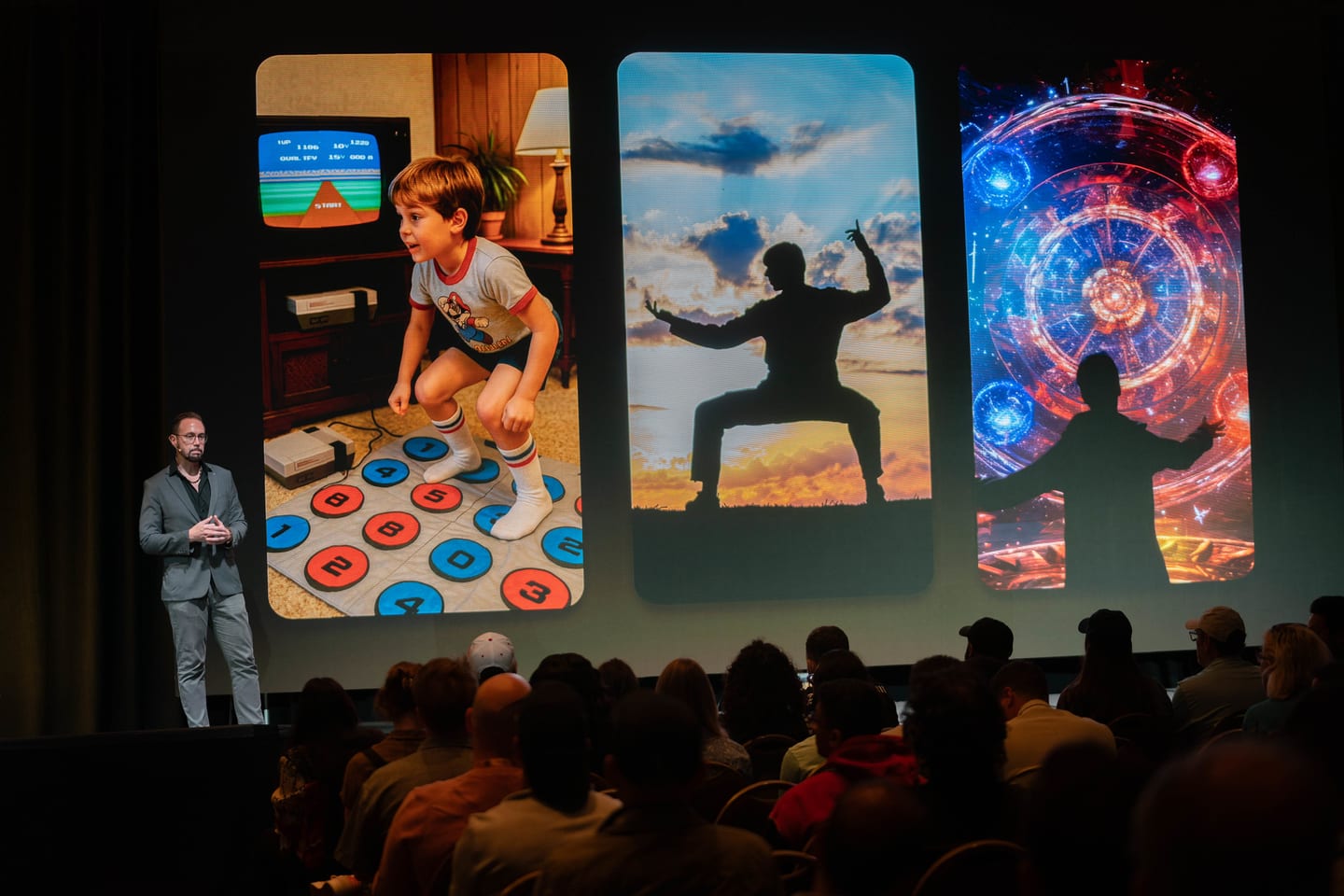 A speaker presenting on the Augmented World Expo main stage before an audience and three large illustrated screens