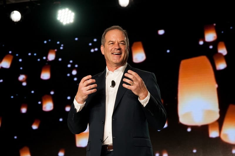 An executive giving a keynote on stage at a United Technologies corporate event in Los Angeles, shot by corporate event photographer Kyle Espeleta