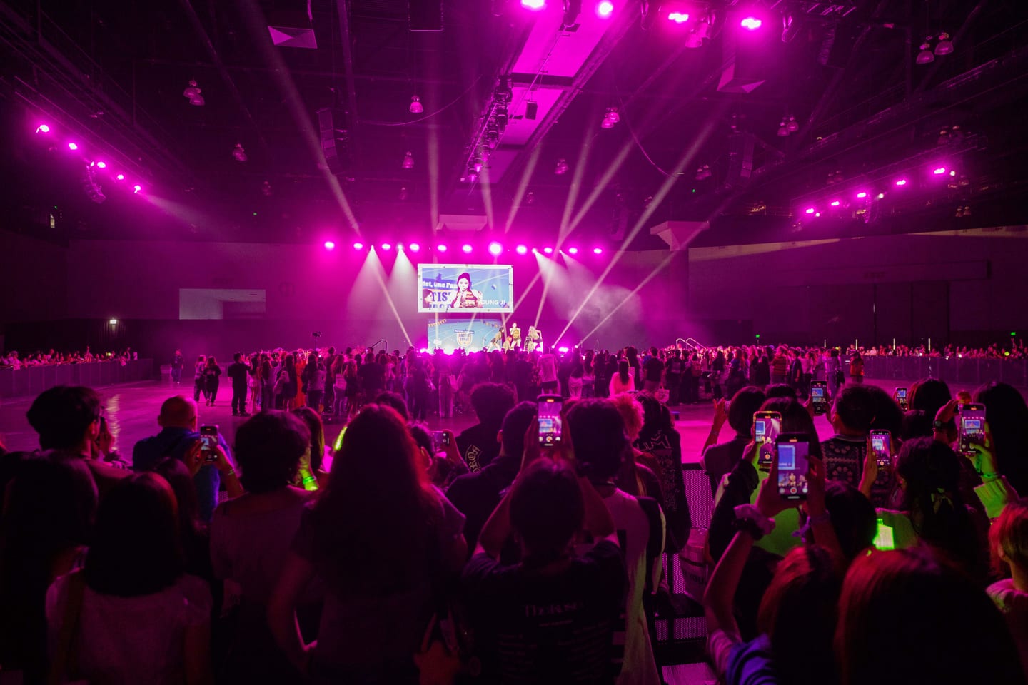 K-pop concert with pink stage lighting and a packed crowd